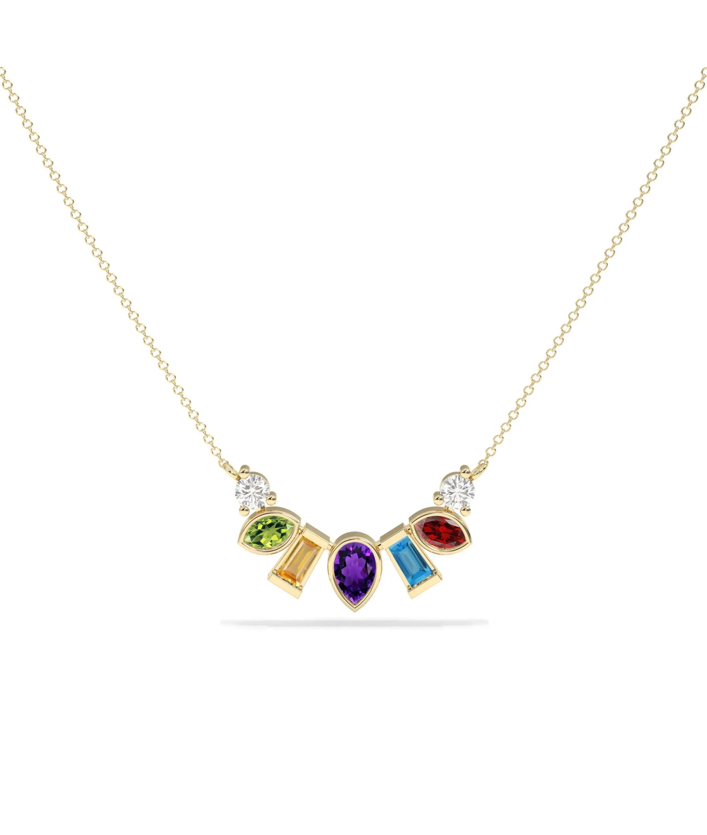 Multi Shape Gemstone Smile Necklace with rainbow gemstones in smile curve