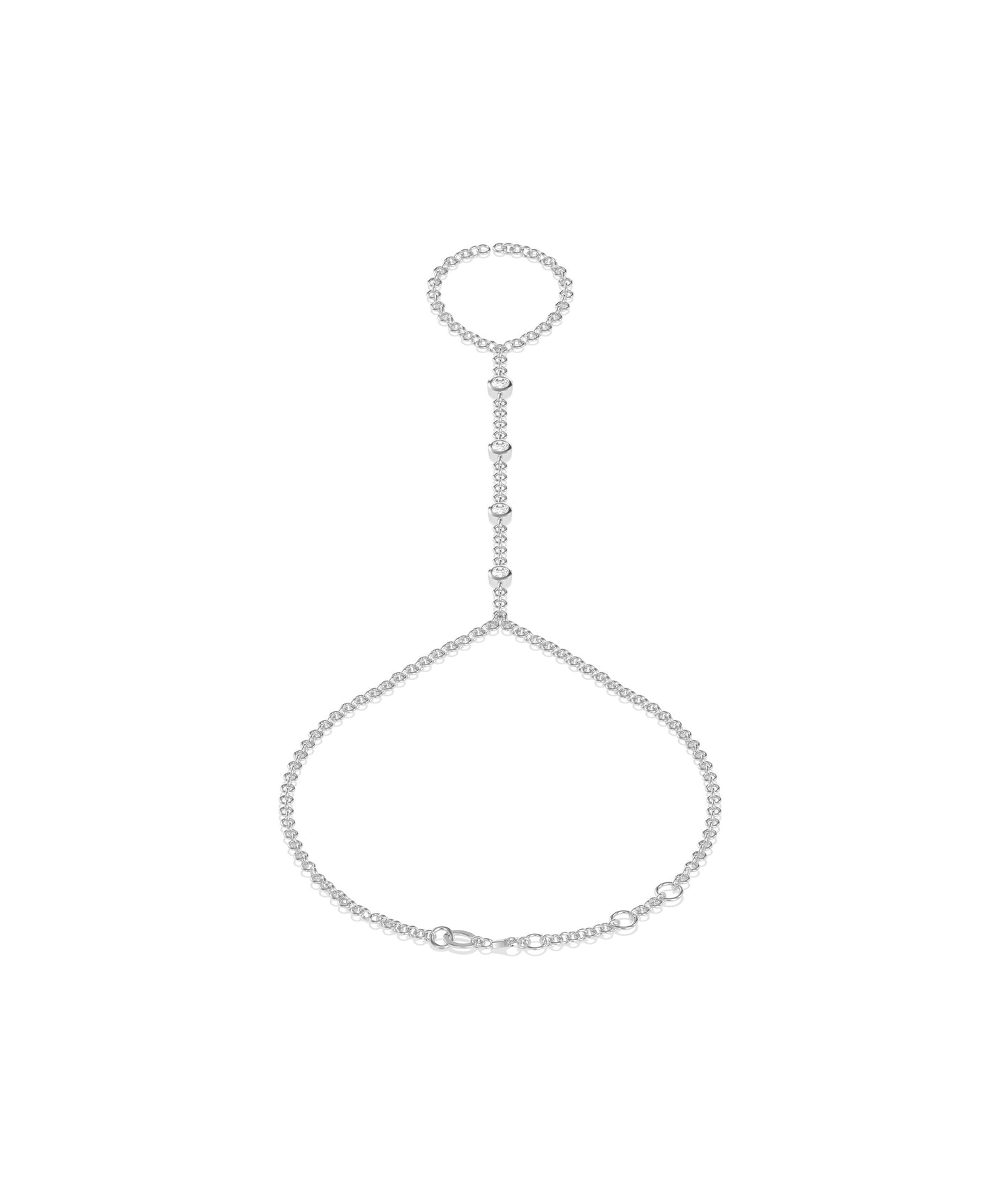 Silver chain hand bracelet with finger ring and bezel-set crystal stations