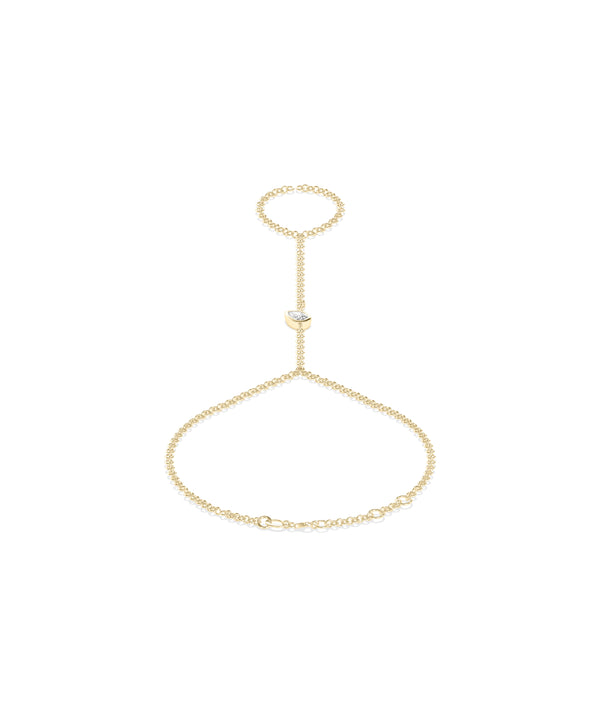 Bezel pear lab diamond hand chain bracelet in 14K yellow gold