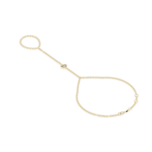 Bezel pear lab diamond hand chain bracelet in 14K yellow gold side profile alternate view