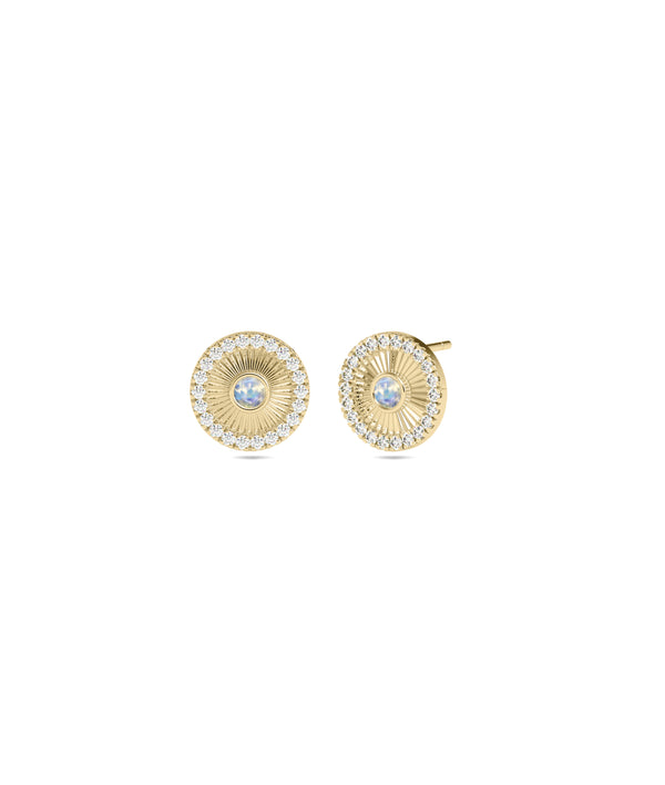 Fluted halo stud earrings in 14K yellow gold with amethyst gemstone alternate view