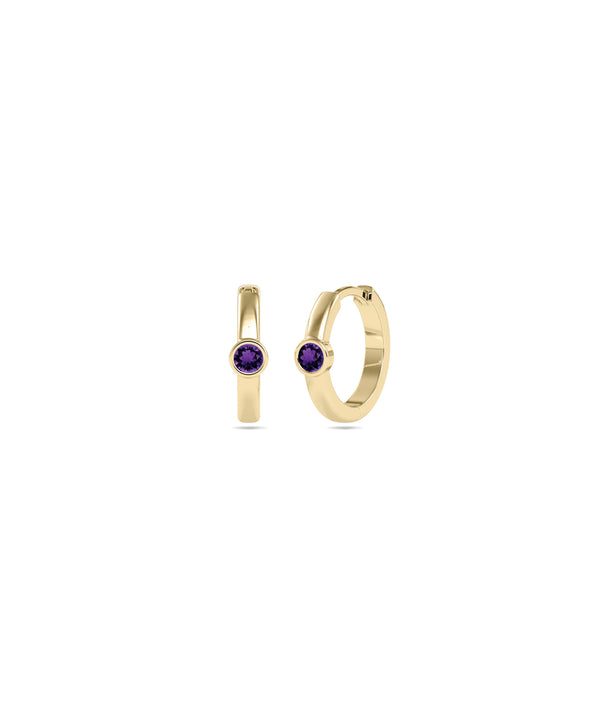 Bezel set solitaire hoop earrings in 14K yellow gold with amethyst gemstone alternate view