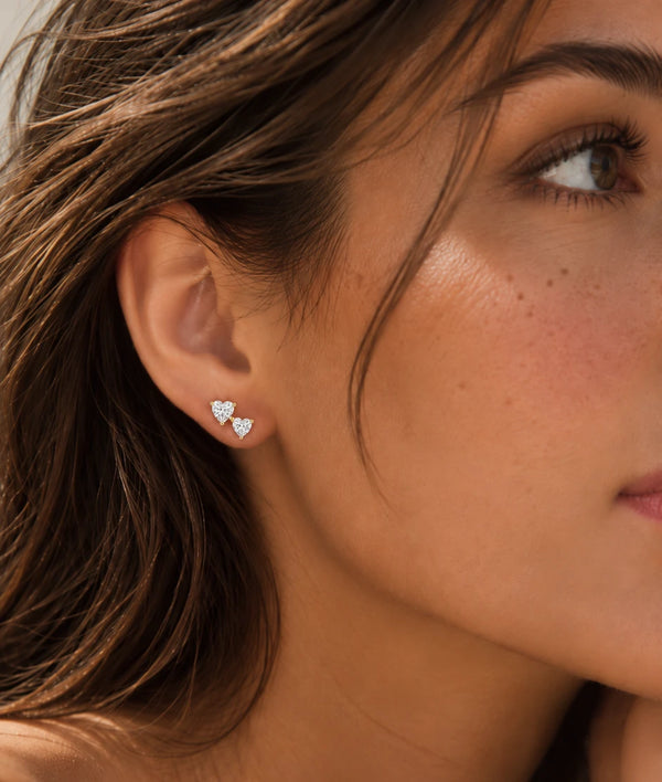 Diamond heart duo stud earrings in 14K solid gold alternate view