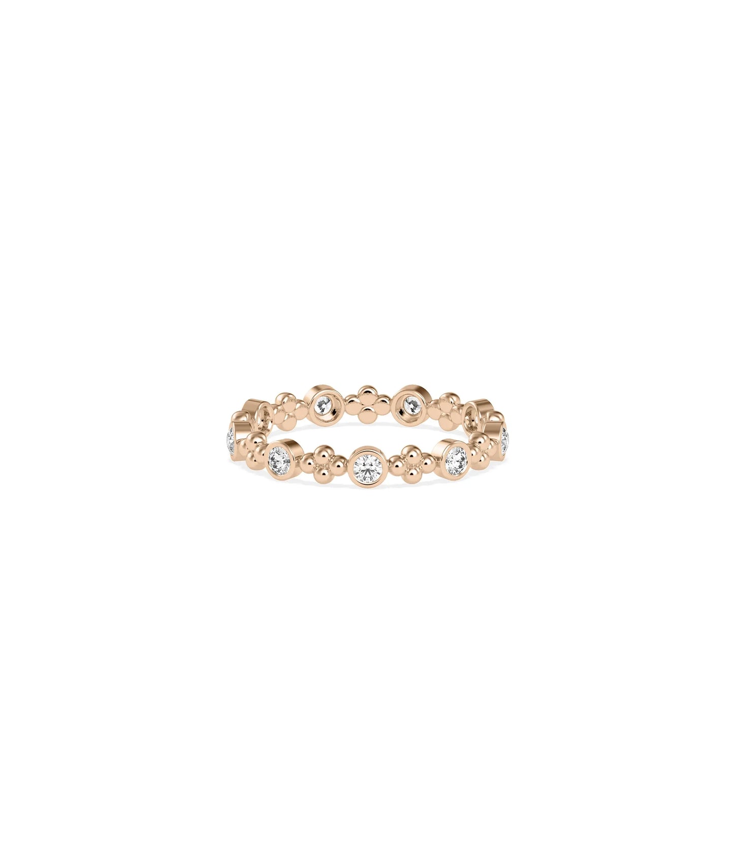 Rose gold eternity ring featuring diamond stations and decorative bead detailing
