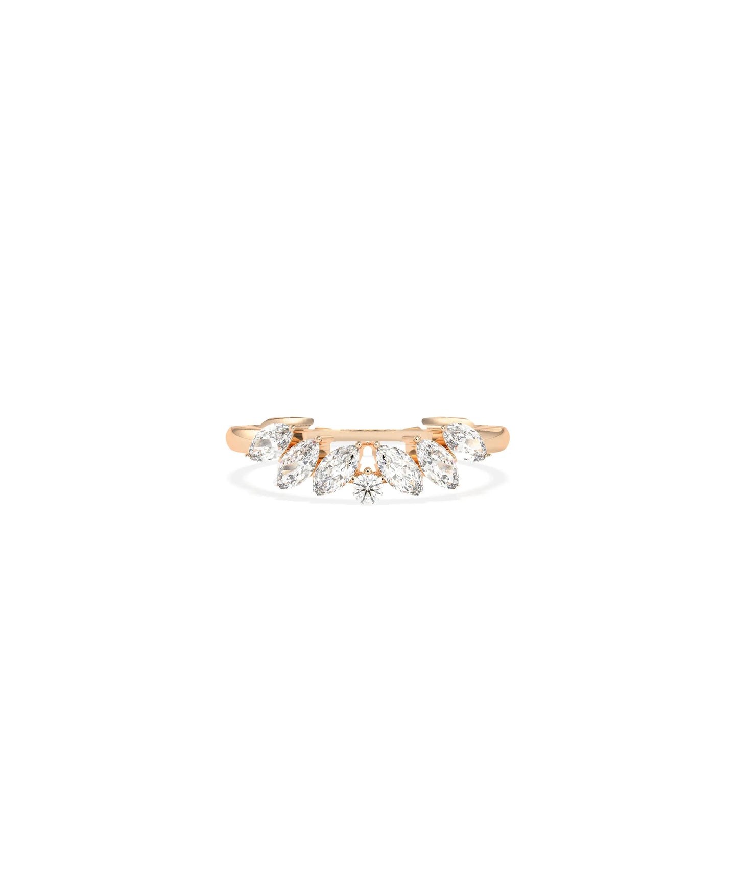 Rose gold curved band ring featuring diverse geometric cuts on organic curves
