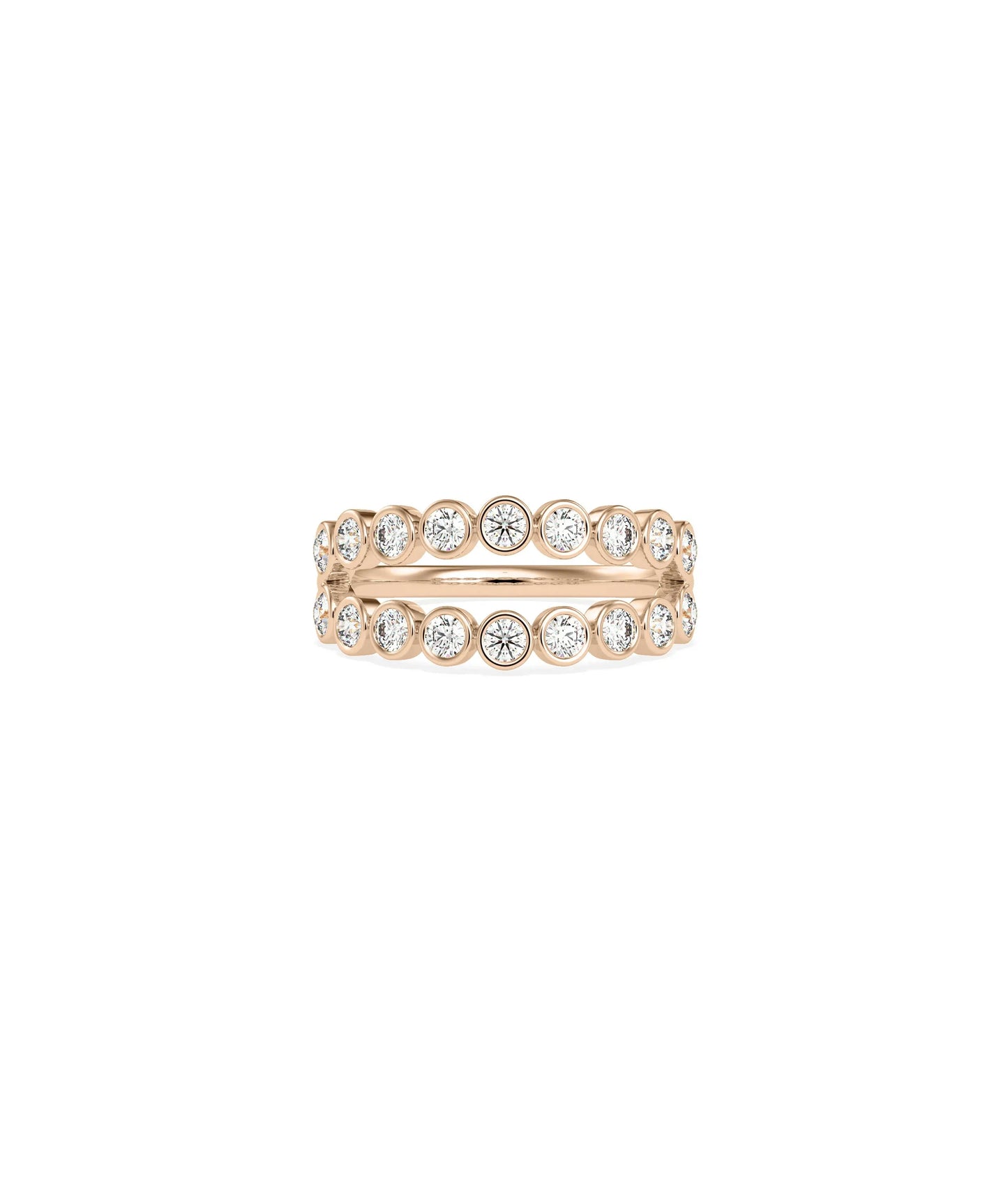 Rose gold double row ring featuring bezel-protected diamonds in elegant alignment