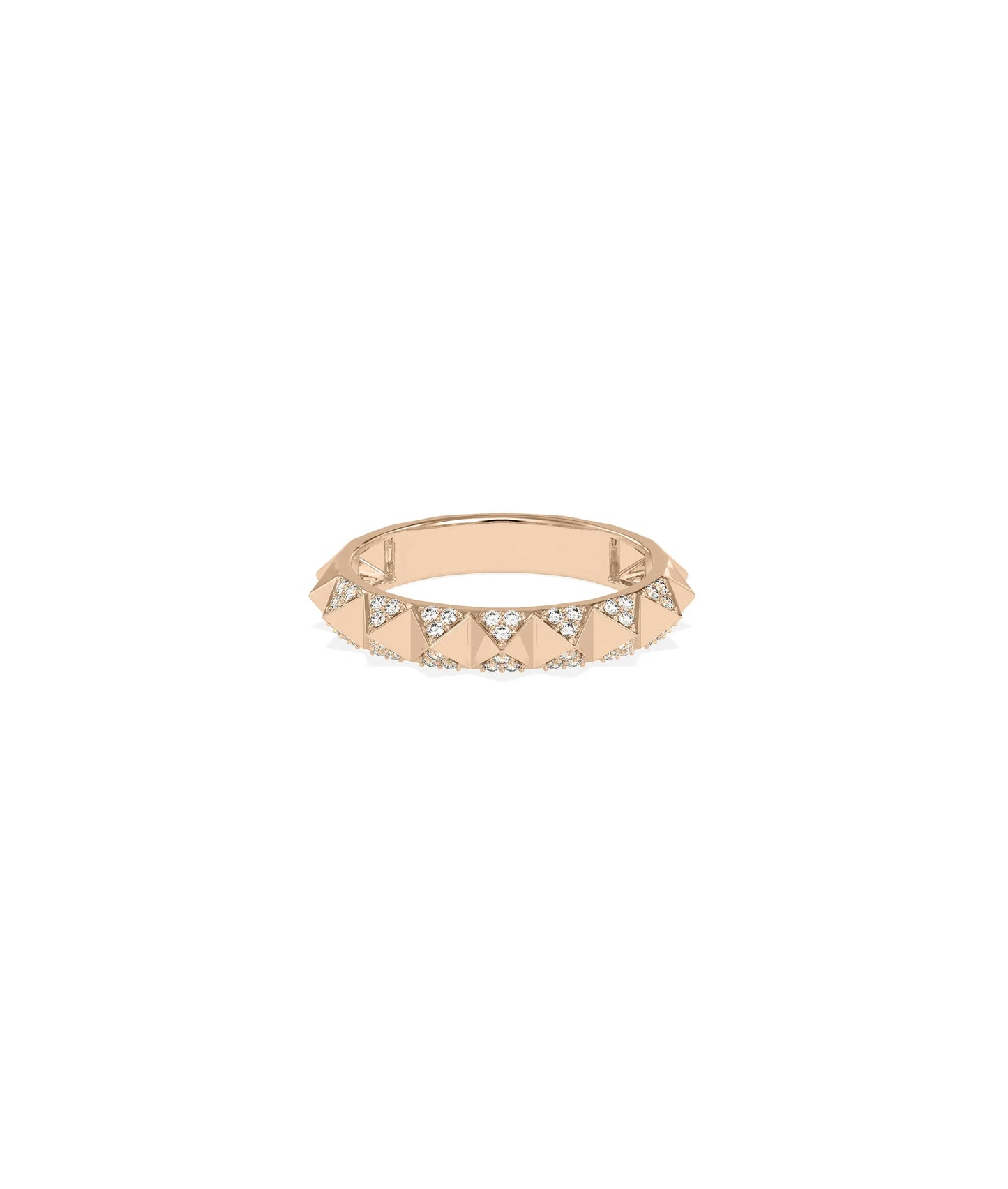 Rose gold pyramid ring featuring bold architectural elements with diamond sparkle