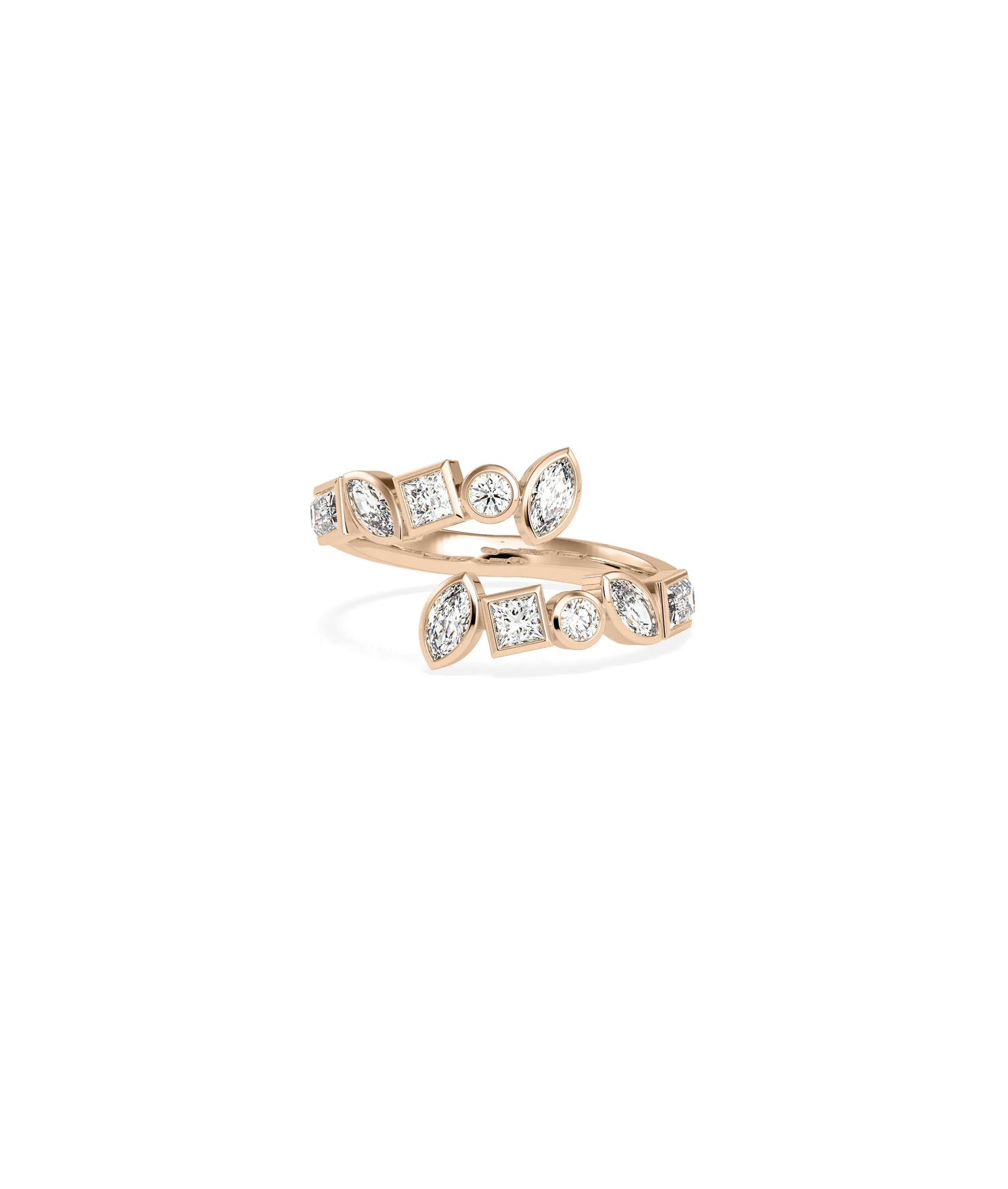 Rose gold bypass ring featuring mixed shapes and sleek modern bezel settings