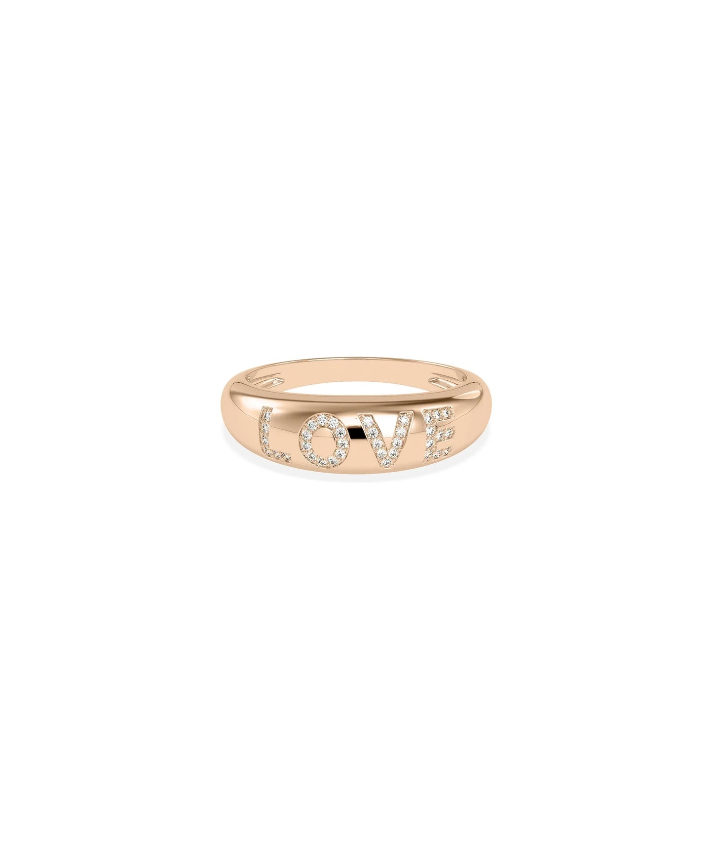 Rose gold personalized dome ring featuring pave diamonds and meaningful words
