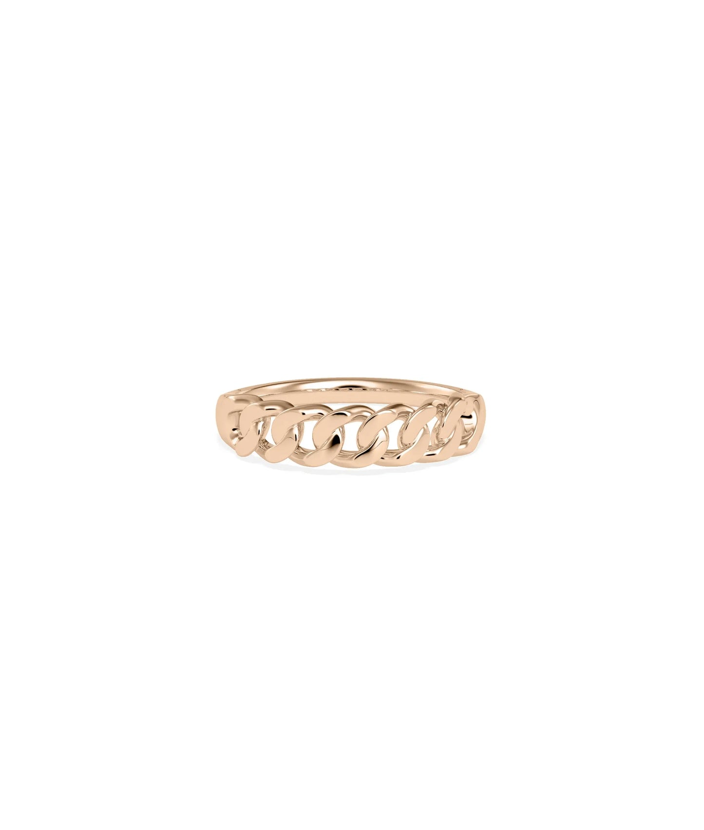 Rose gold curb ring featuring interlocking chain design and urban edge