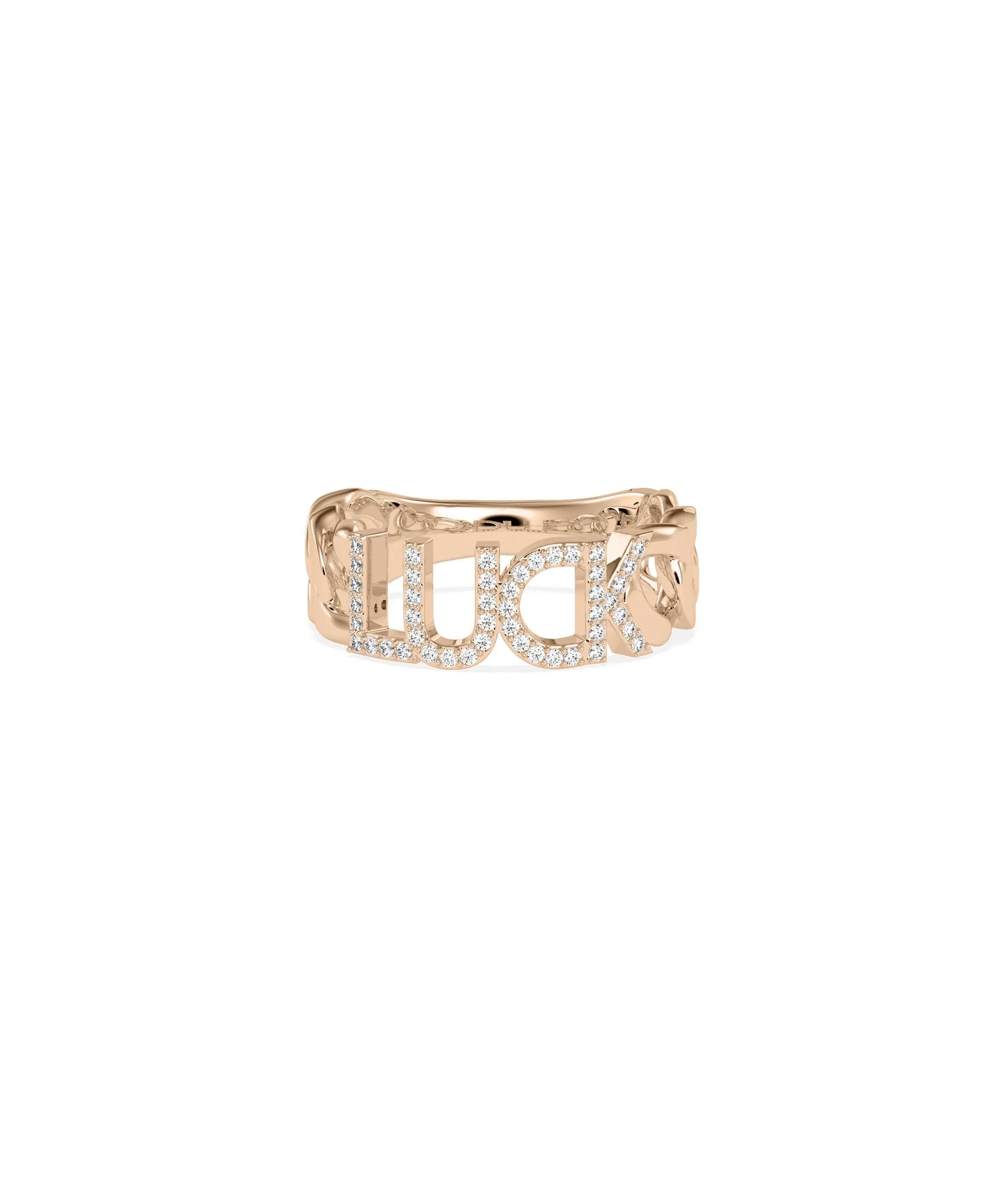 Rose gold name ring featuring brilliant pave-set diamonds on each letter