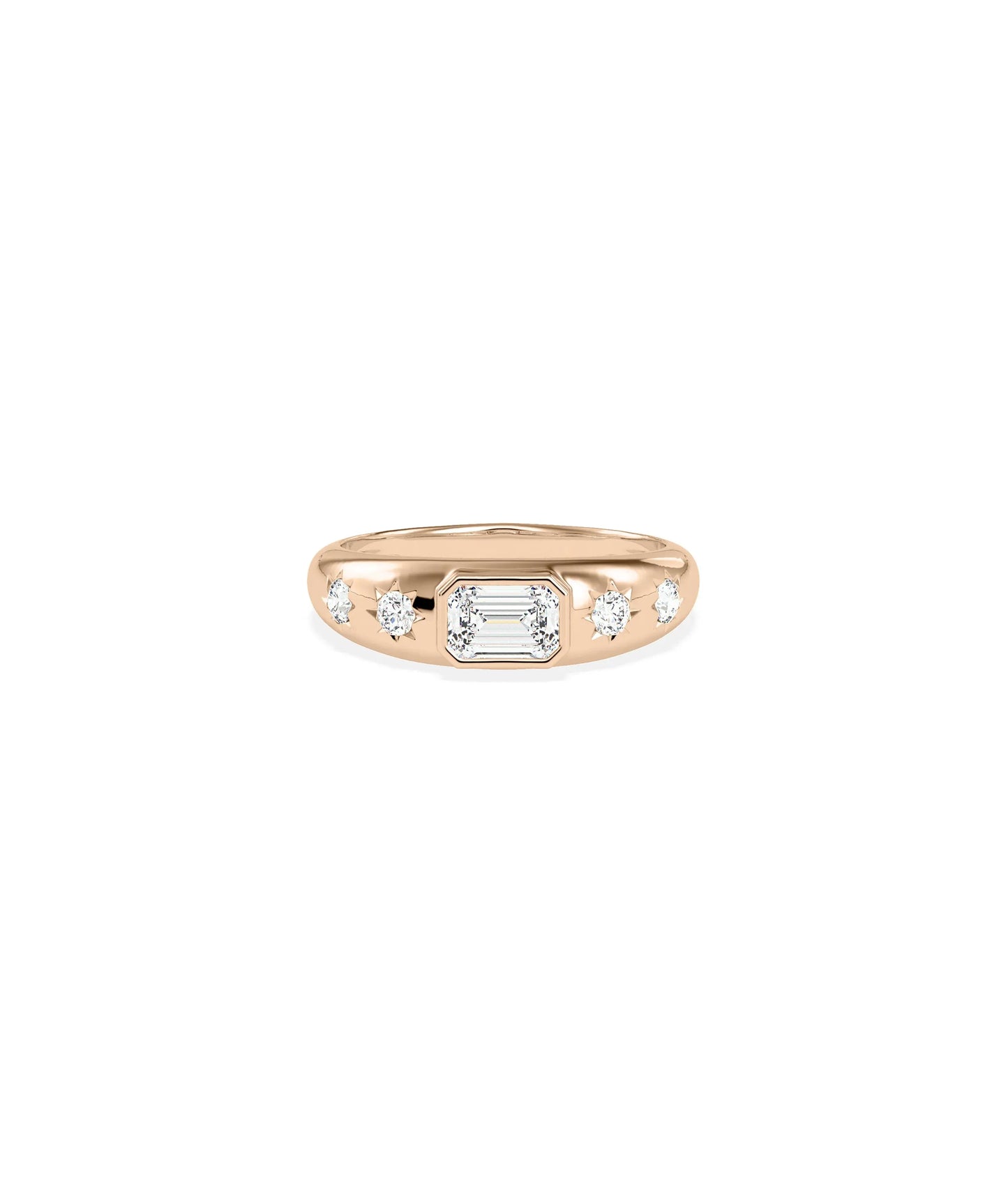 Rose gold dome ring featuring multi-shaped bezel-set diamonds and bold presence