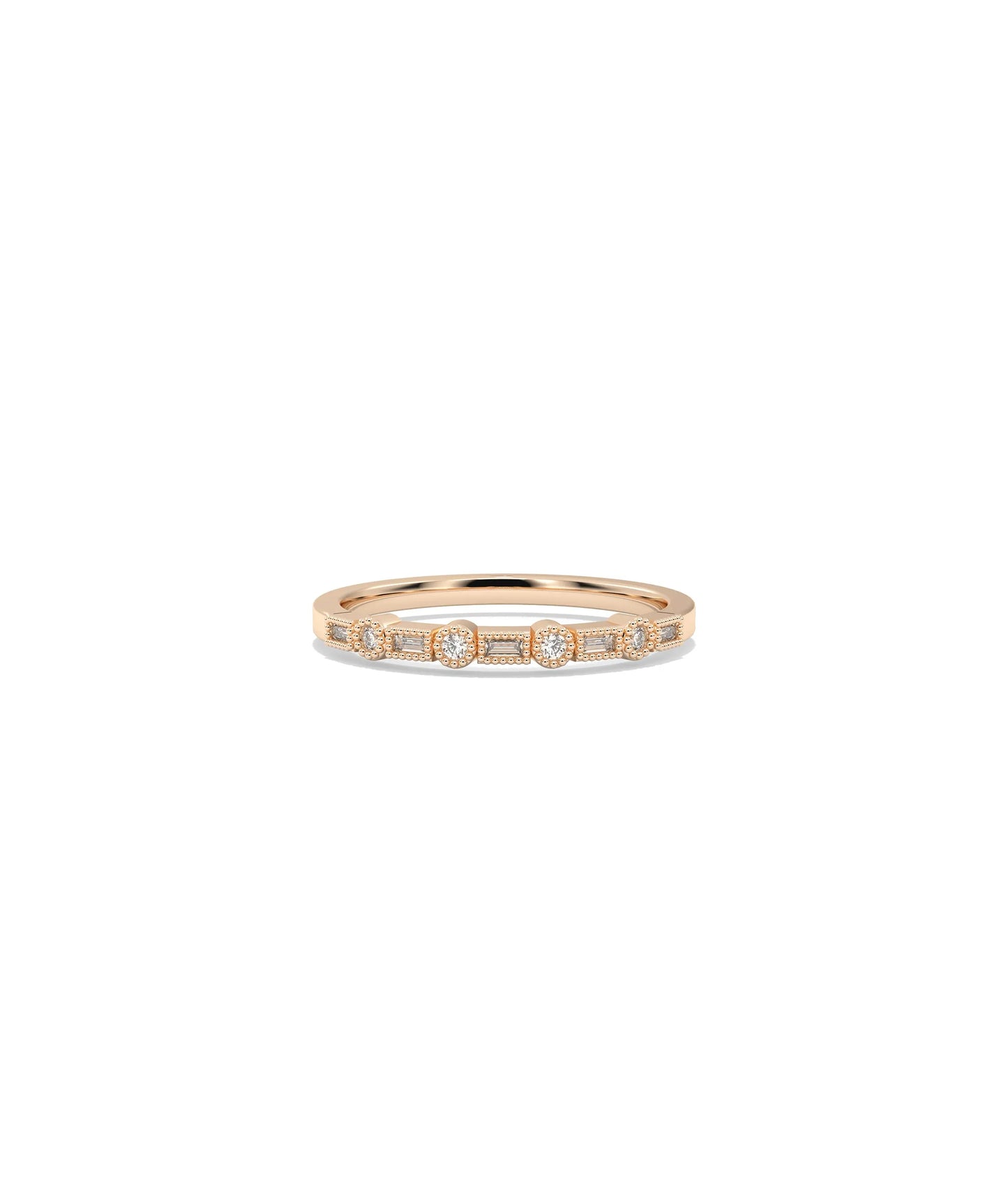 Rose gold Diamond Round and Baguette Band Ring with geometric alternating design