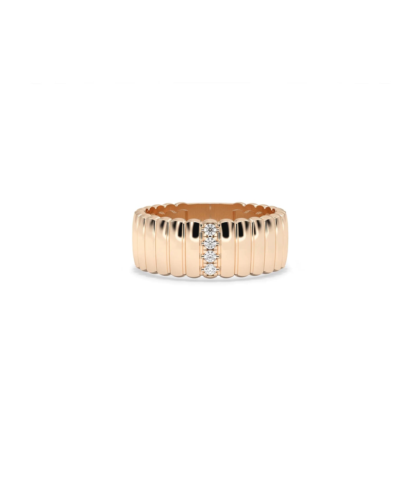 Rose gold Wide Single Row Diamond Fluted Band Ring with single diamond row and vertical texture