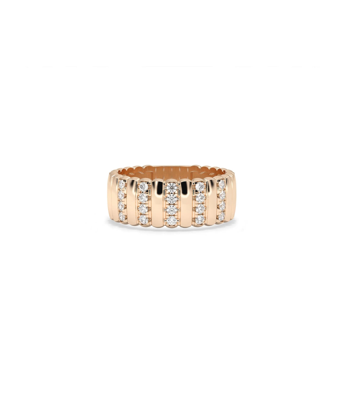 Rose gold Wide Station Diamond Fluted Band Ring showcasing bold romantic design