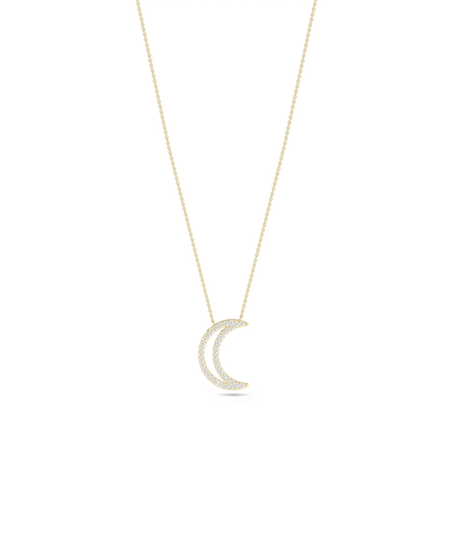 Diamond Pave Moon Outline Necklace in yellow gold celestial crescent