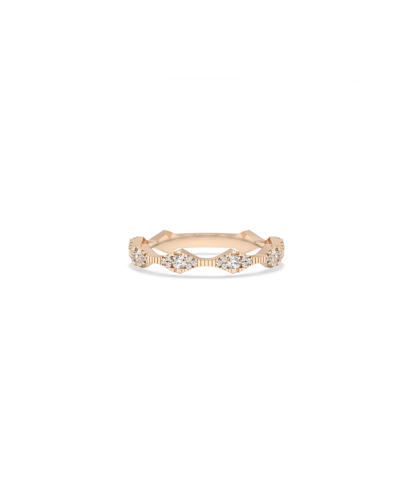 Rose gold Diamond Cluster and Fluted Band Ring with contrasting clusters and fluted grooves
