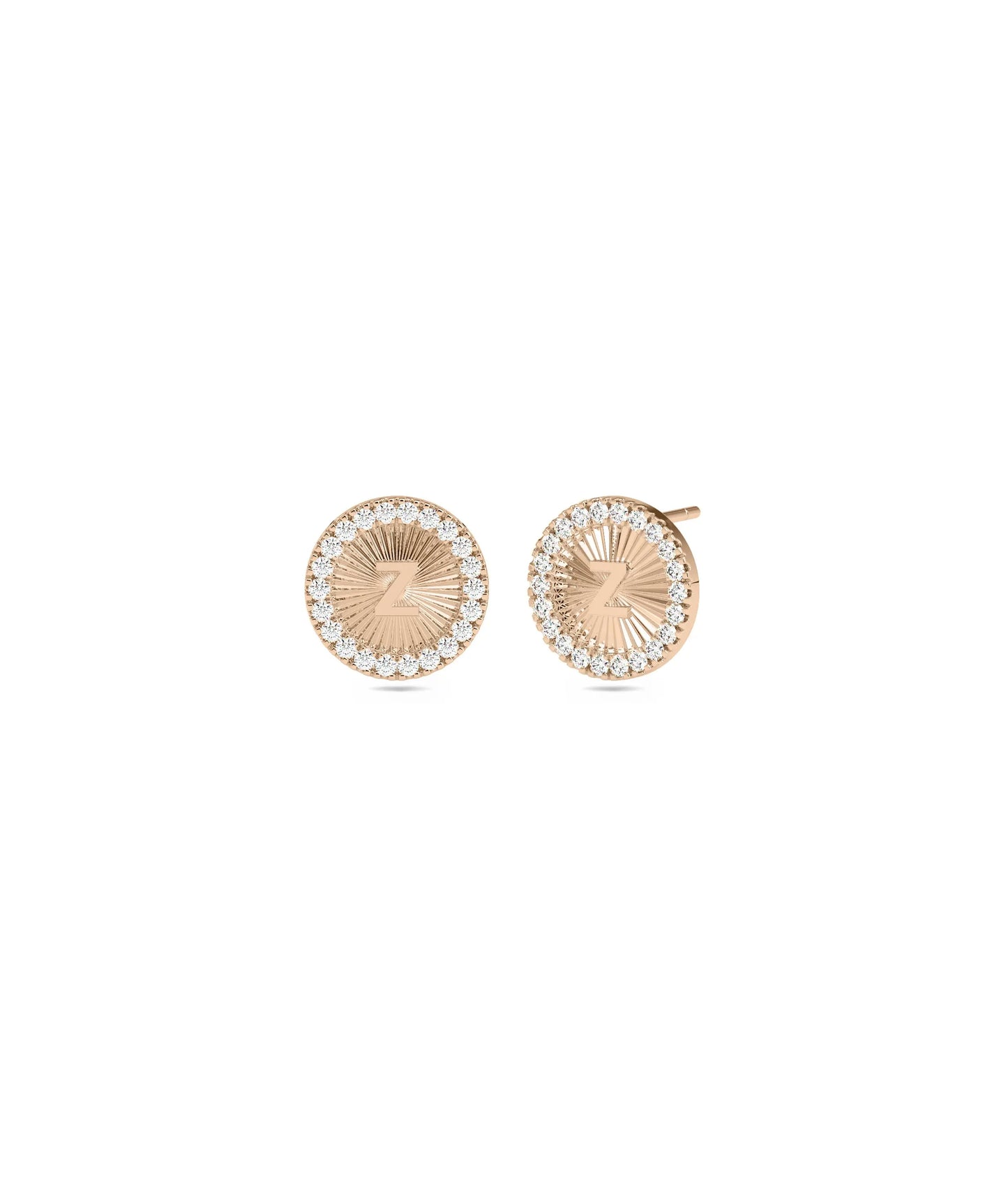 Diamond Halo Fluted Disc Earring with Gold Initial - 79e | Everyday 14K Gold Jewelry