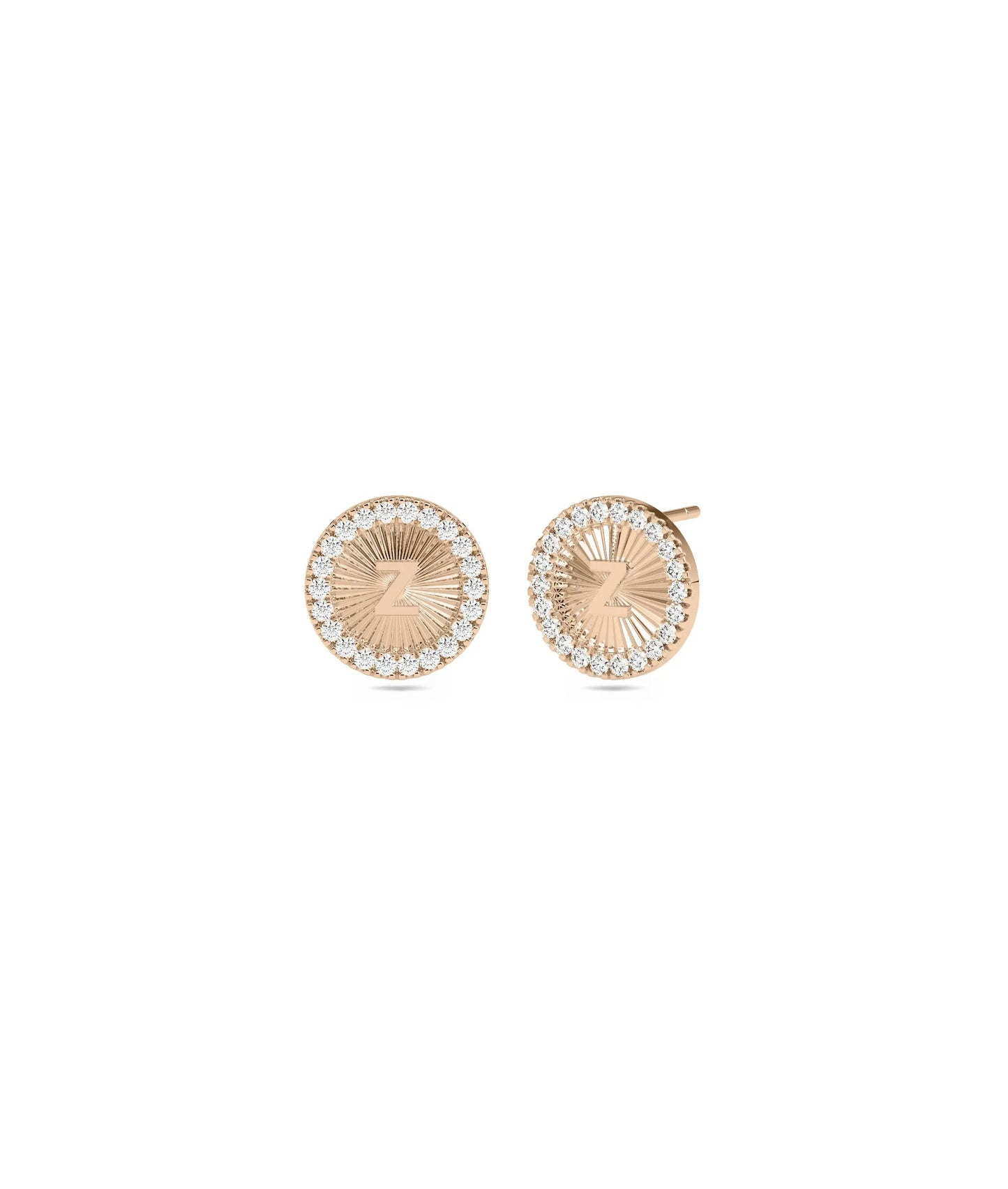 Diamond Halo Fluted Disc Earring with Gold Initial - 79e | Everyday 14K Gold Jewelry