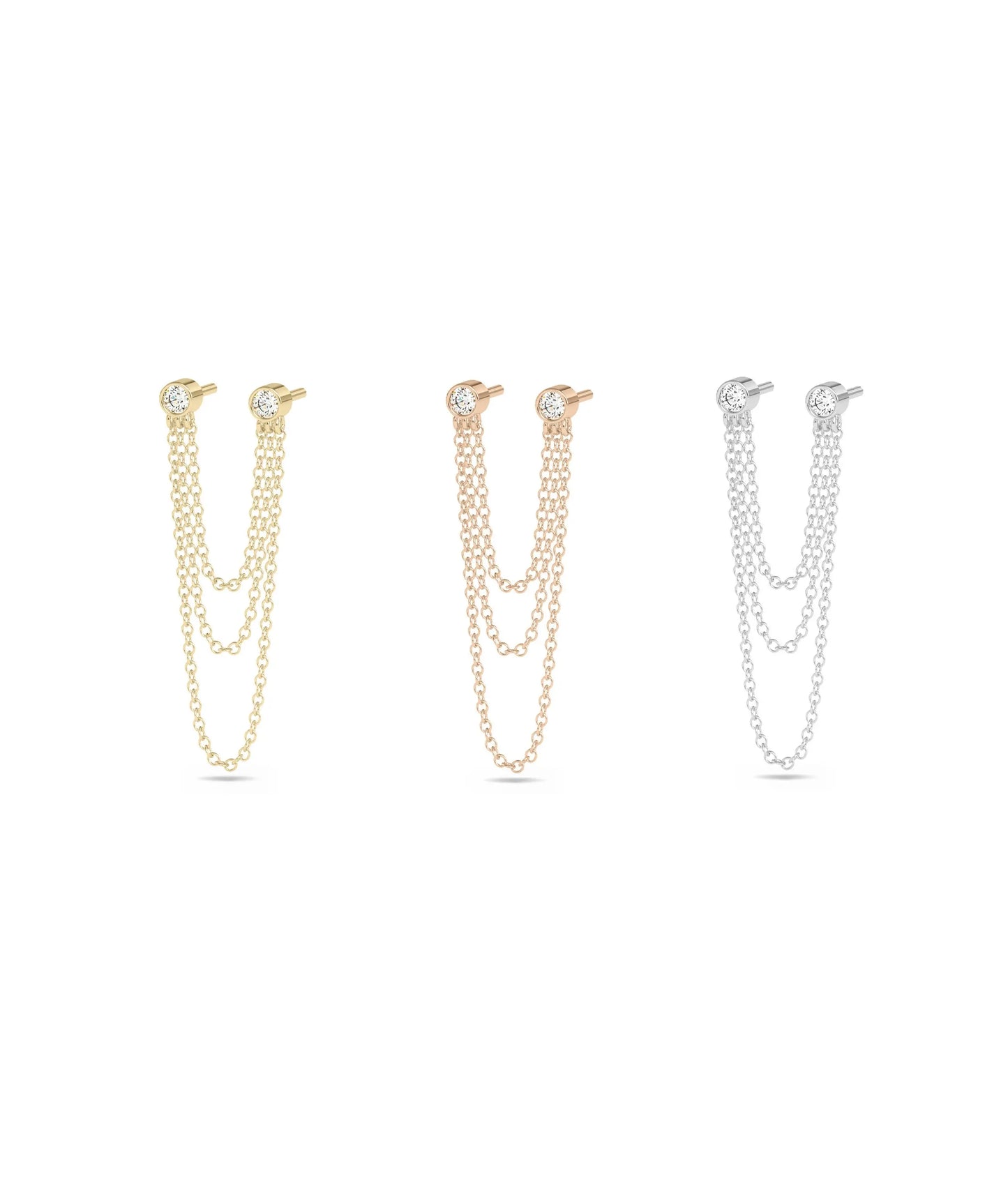 2 Piercing Diamond Solitaire Stud Earrings with Cable Chain Dangle - 79e | Everyday 14K Gold Jewelry