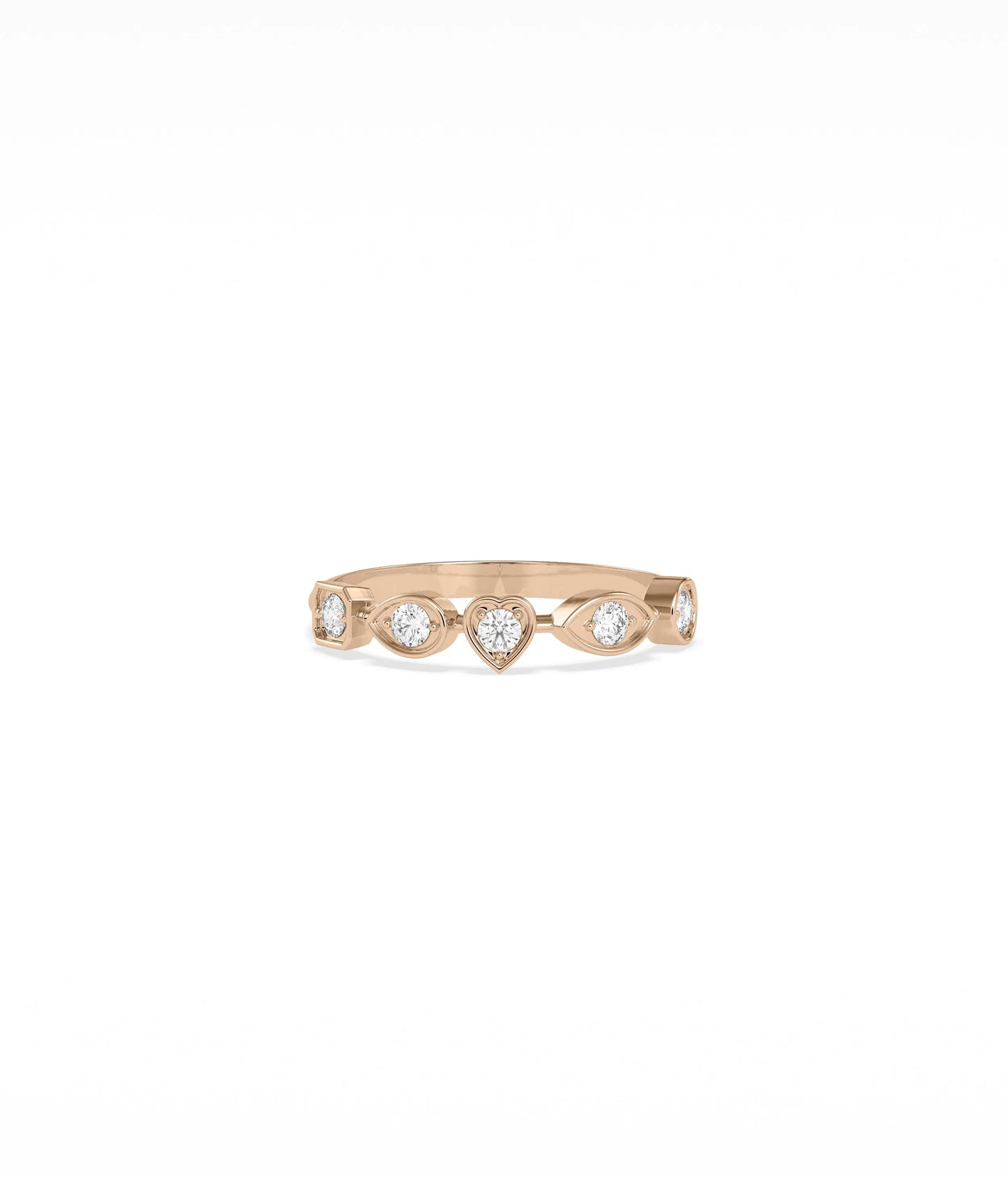 Rose gold 5 Stone Diamond Multi Shape Design Ring with romantic heart and diverse shapes
