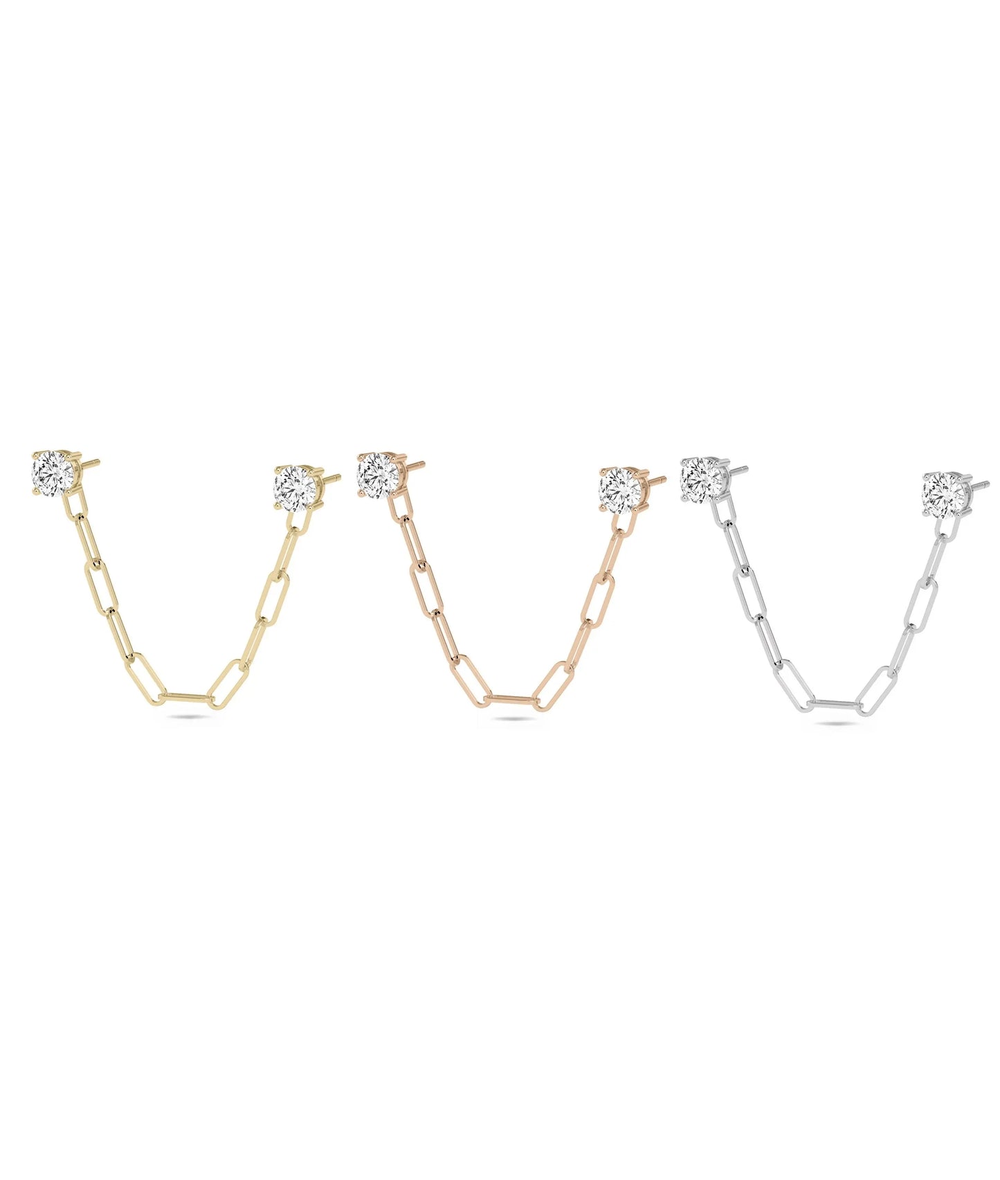 2 Piercing Diamond Solitaire Stud Earrings with Paper Clip Link Chain - 79e | Everyday 14K Gold Jewelry