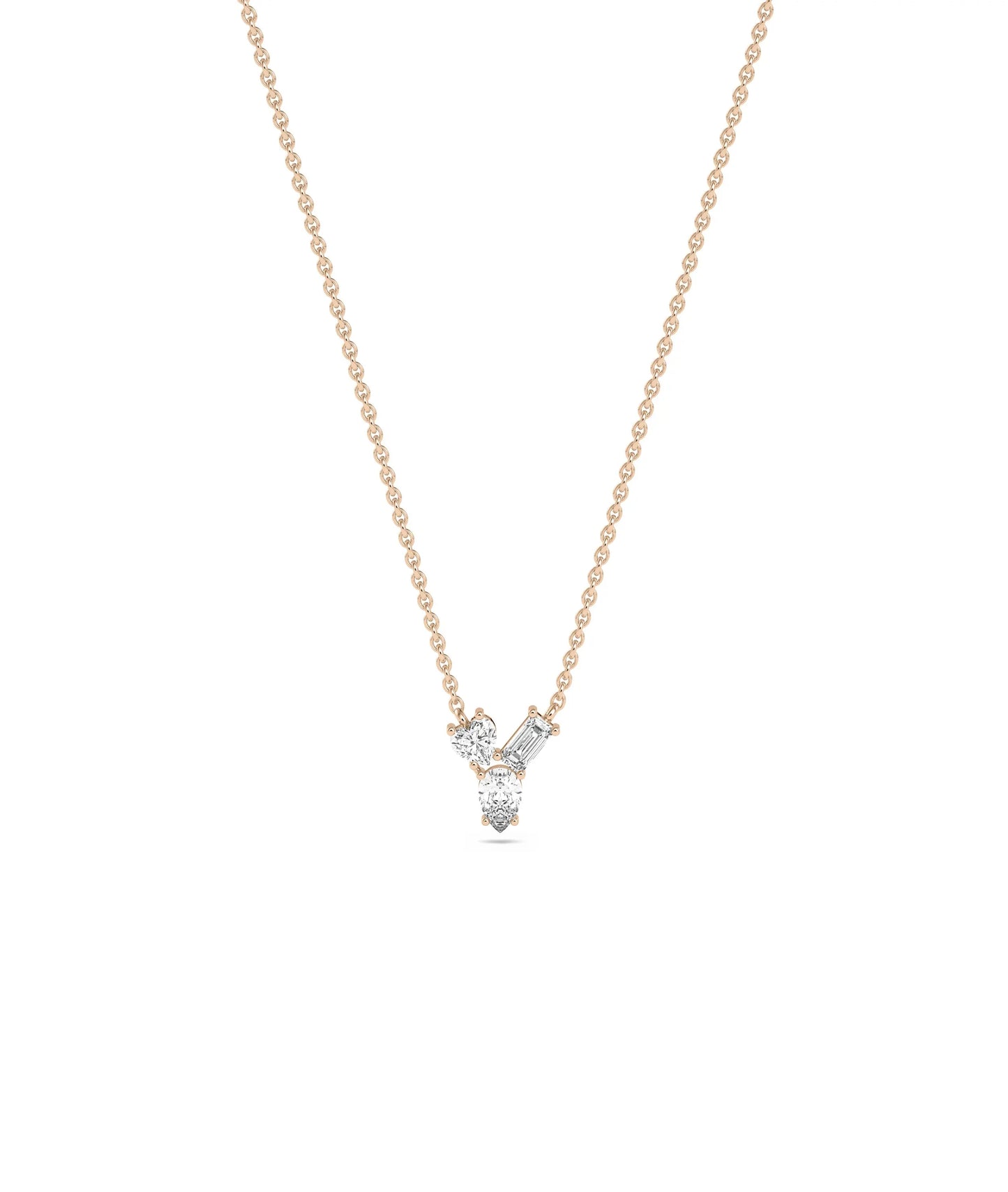 3 Stone Diamond Solitaire Necklace in rose gold romantic styling