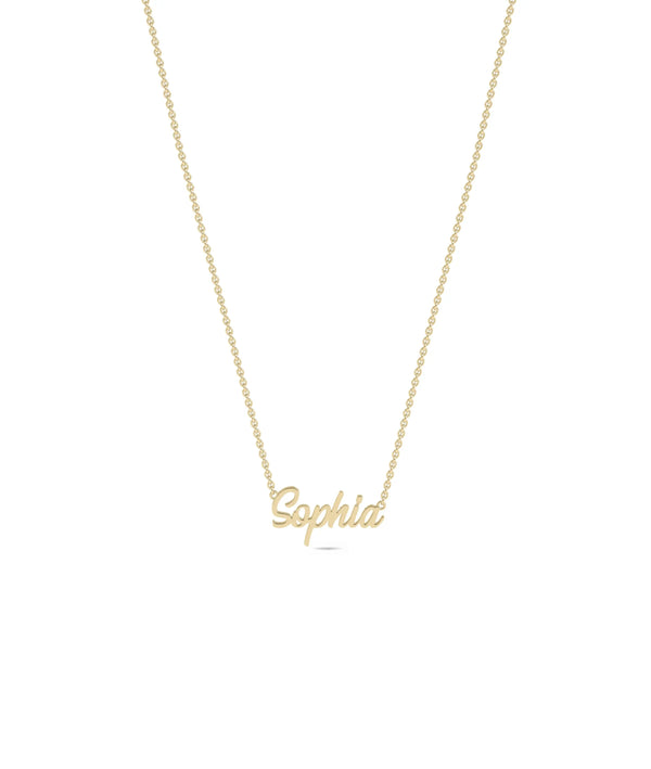 Custom Gold Name Necklace in yellow gold front view with script typography personalization