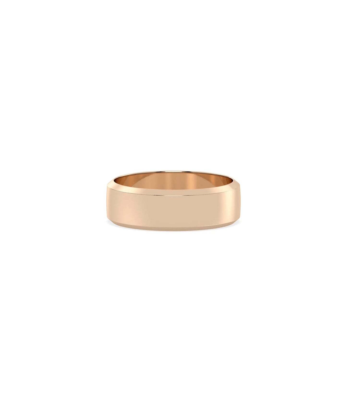 Rose gold wedding band featuring elegant beveled design for comfortable wear