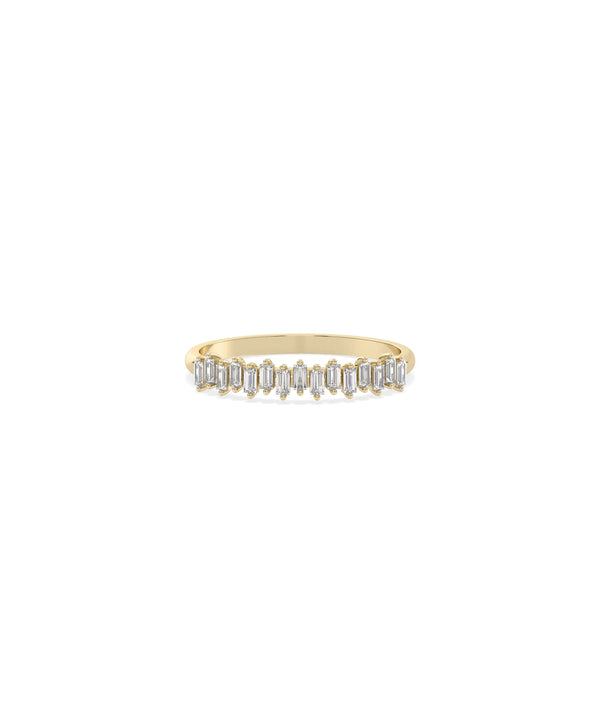 Diamond Baguette Band Ring in yellow gold with row of rectangular baguette diamonds