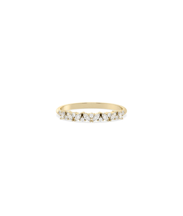 Diamond Multi Shape Cluster Band Ring in yellow gold with varied diamond clusters