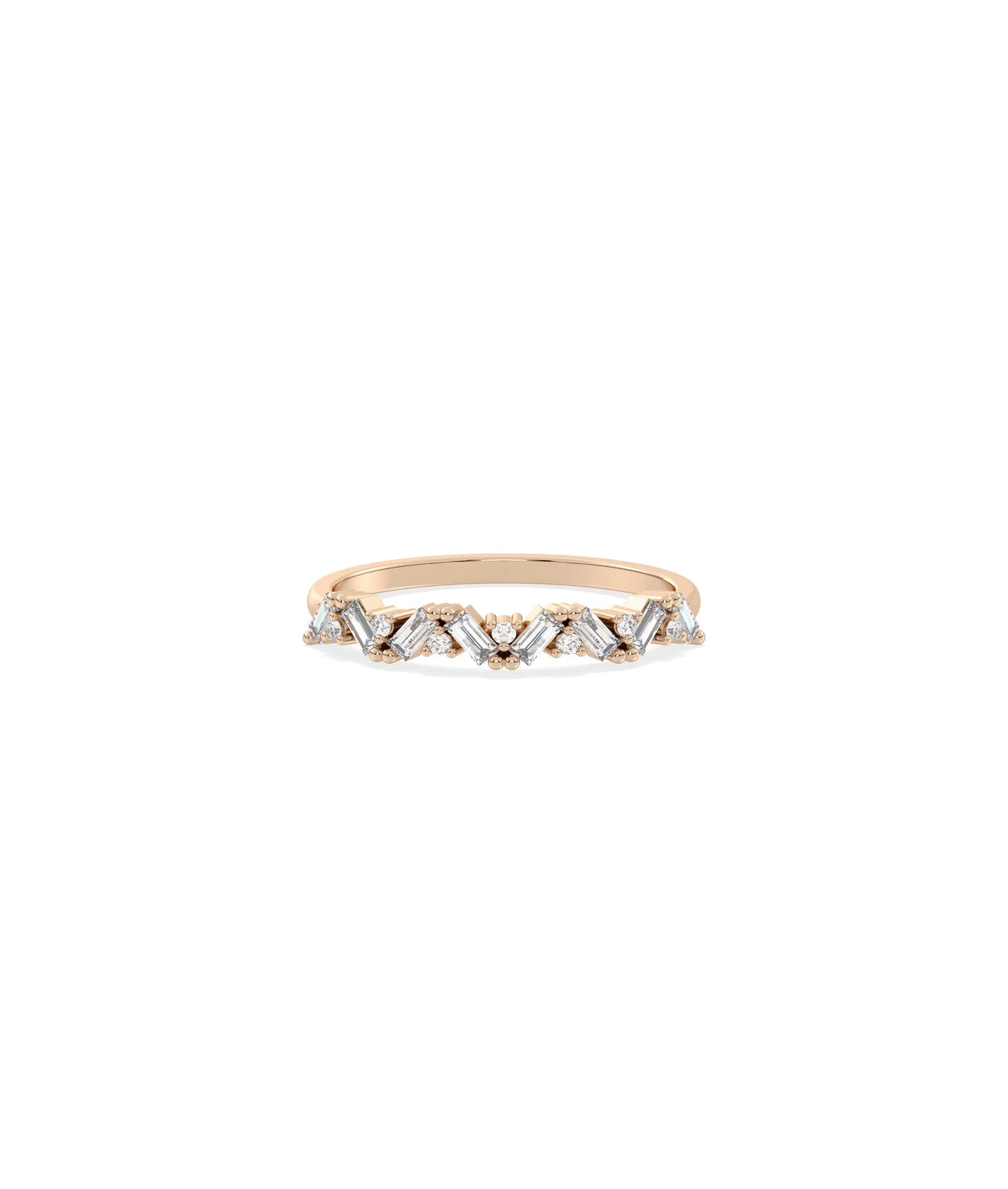 Rose gold cluster band ring featuring multiple diamond shapes in elegant groupings