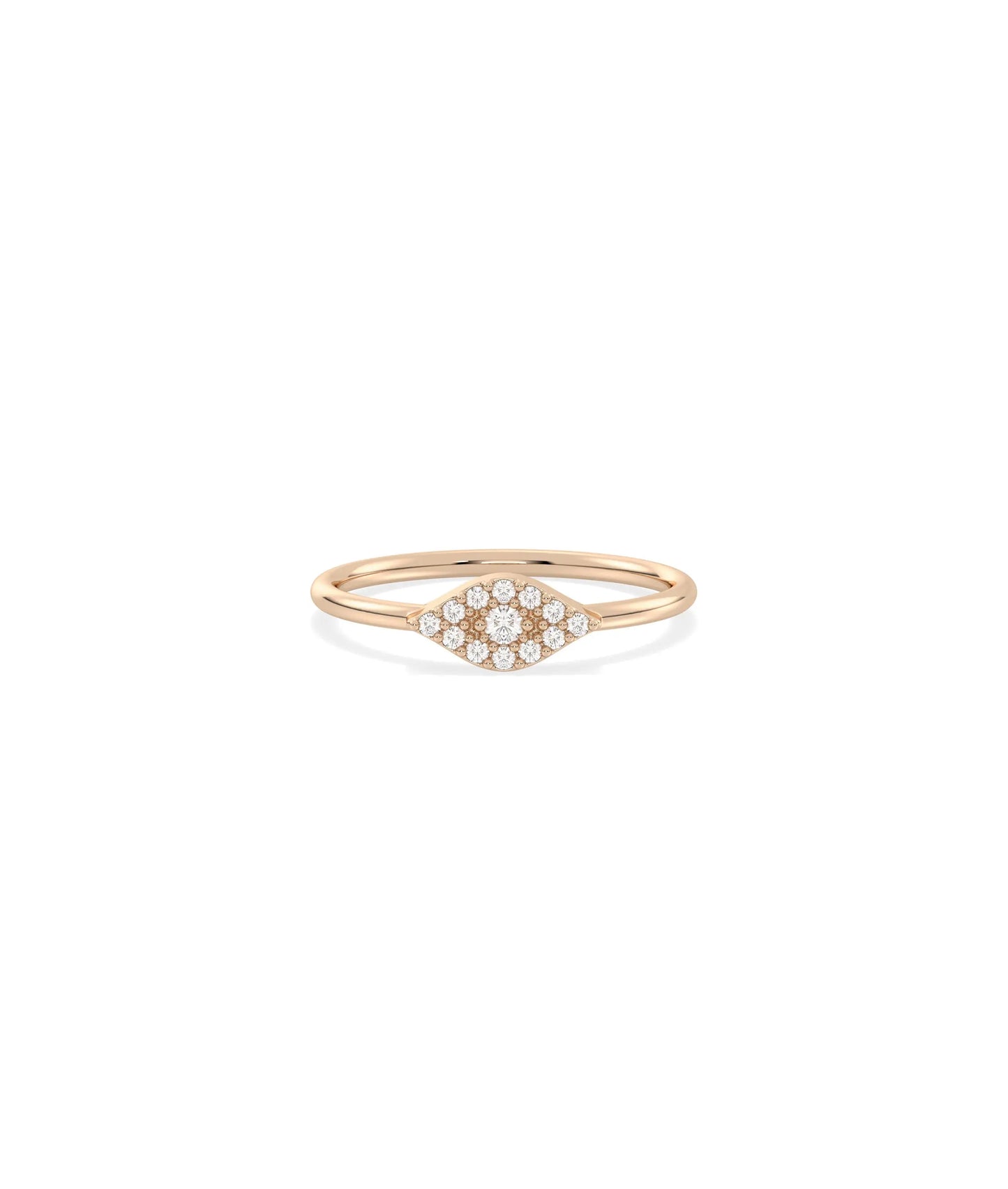 Rose gold evil eye ring featuring ancient protective charm with diamonds