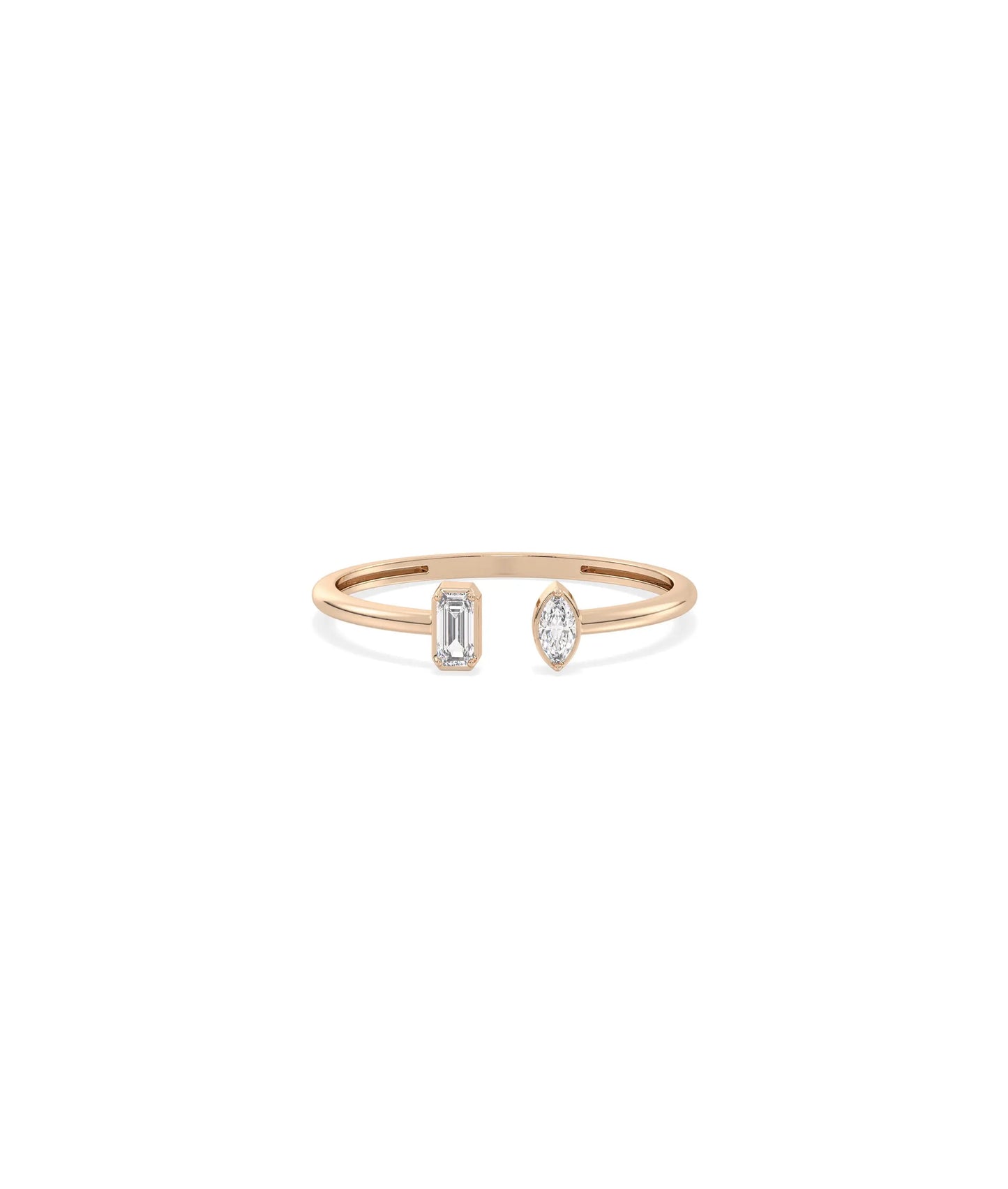Rose gold split ring featuring unique multi-shape diamond combination