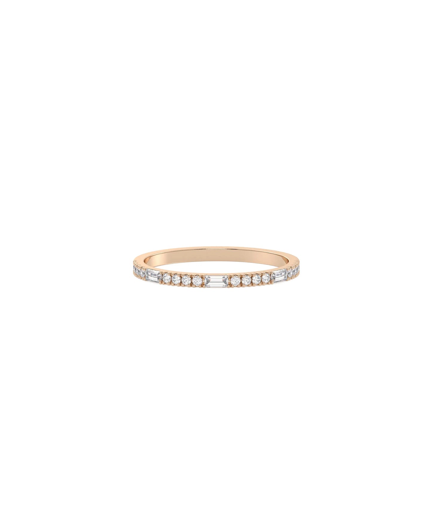 Rose gold band ring featuring round brilliant and baguette diamond combination