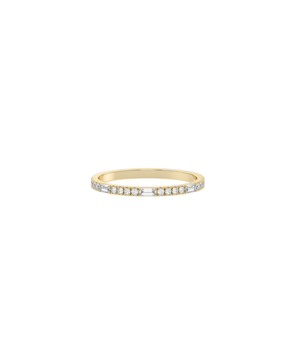 Diamond Round and Baguette Band Ring yellow gold showcasing mixed diamond cuts