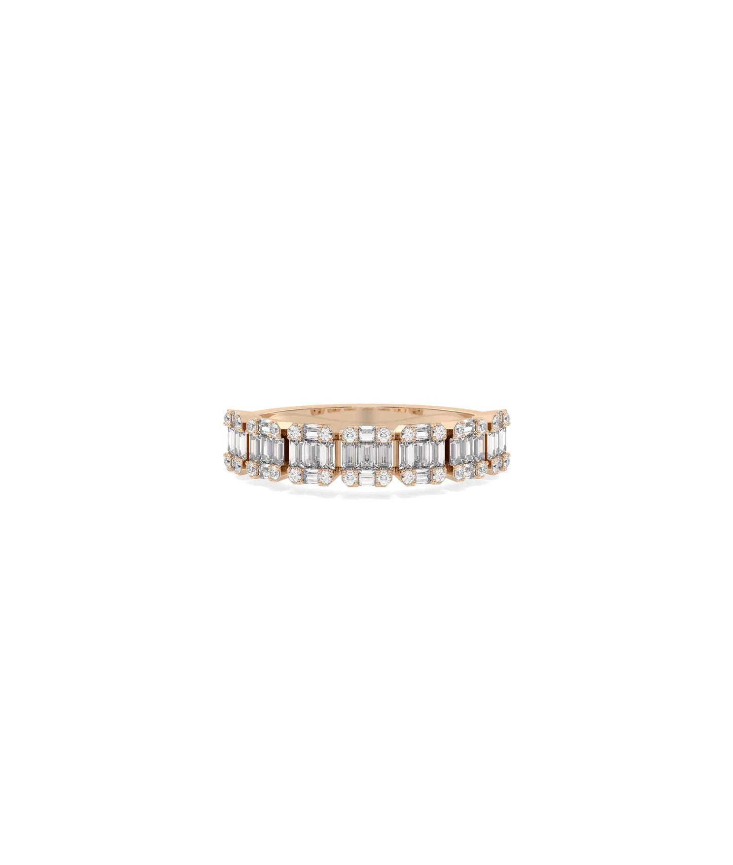 Rose gold illusion band ring featuring innovative reflective setting design