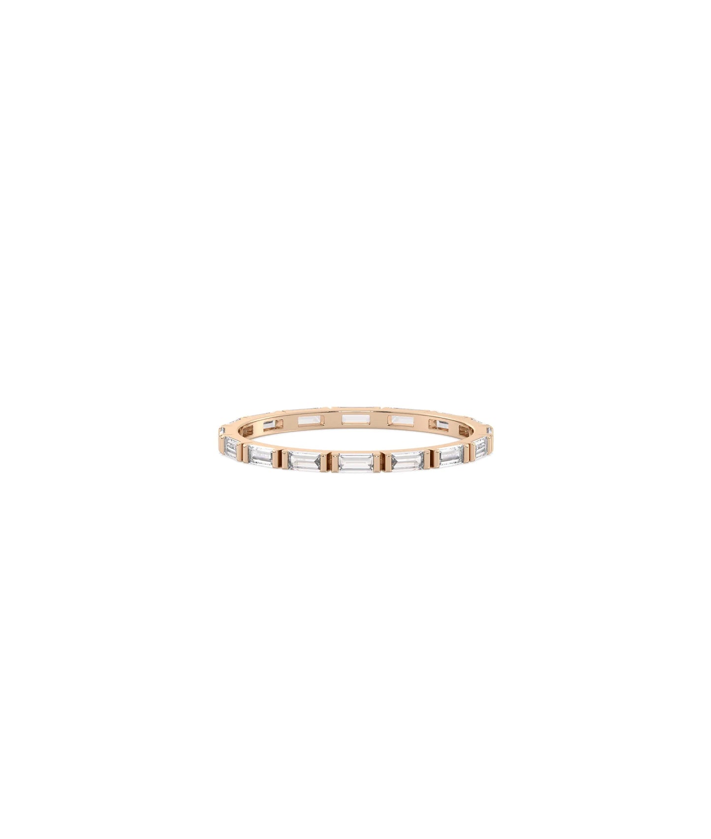 Rose gold eternity band ring featuring sleek baguette diamond arrangement