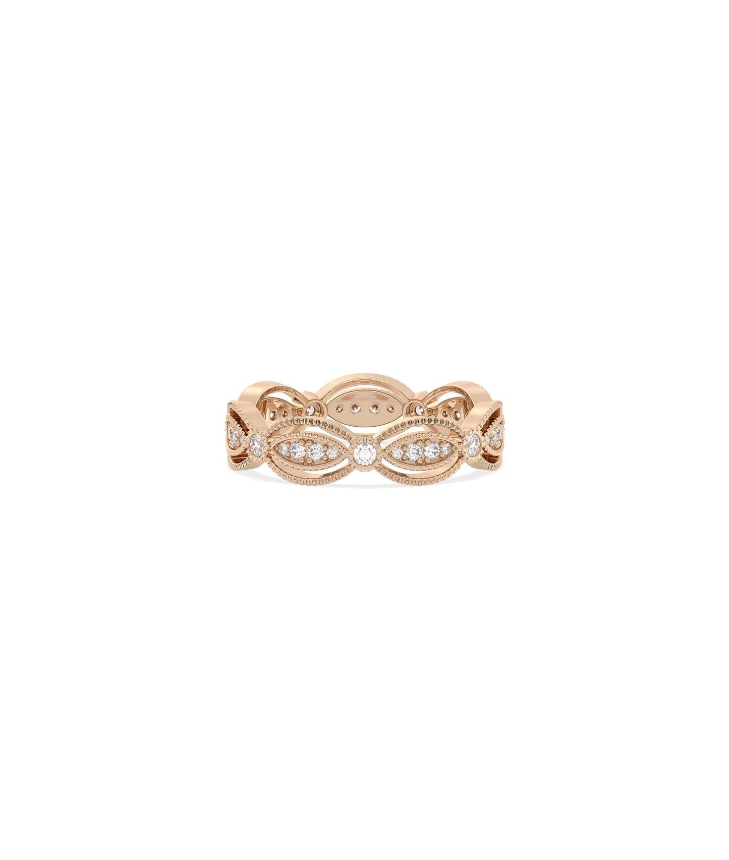 Rose gold eternity band ring featuring elegant oval-shaped diamonds