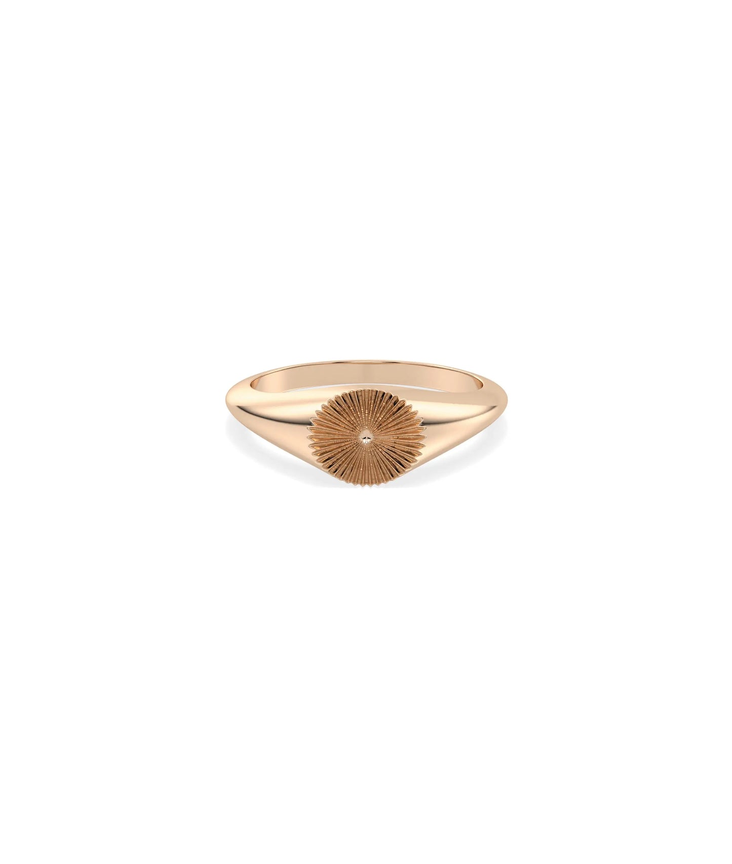Rose gold signet ring featuring elegant fluted texture and circular detail