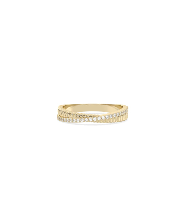 Diamond Line and Fluted Gold Band Ring in yellow gold with diamond row and fluting