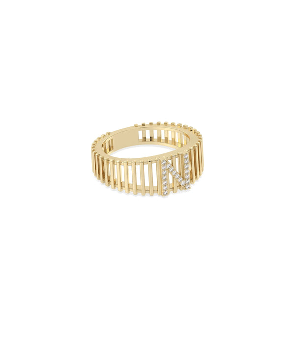 Side view of Custom Diamond Initial Band Ring showing 7mm band width and detail alternate view