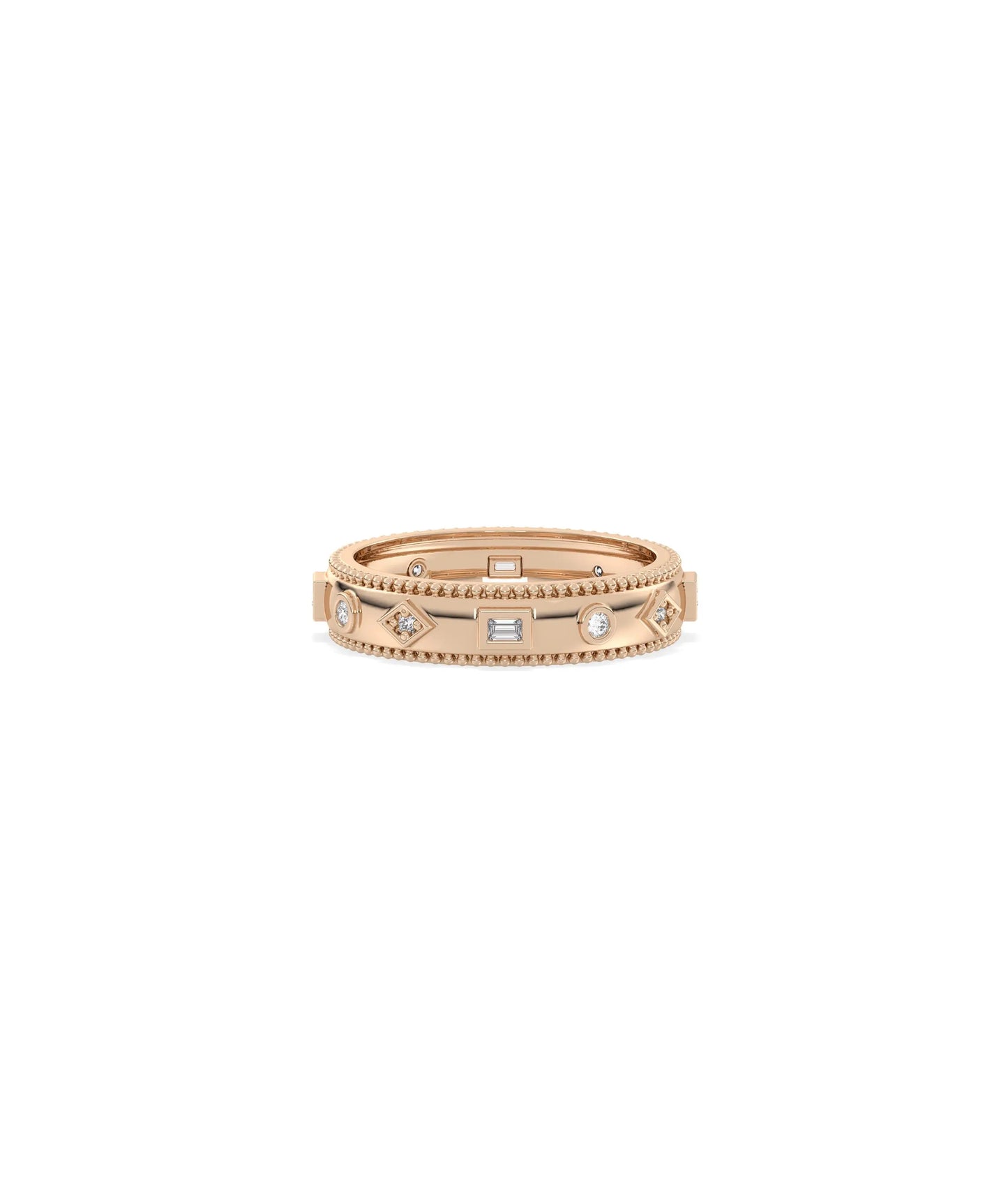 Rose gold Multi Shape Diamond Eternity Band Ring with Beaded Edges and vintage beading