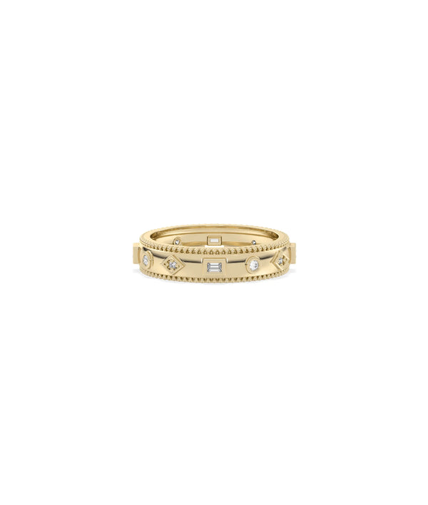 Multi Shape Diamond Eternity Band Ring with Beaded Edges in yellow gold with varied diamonds