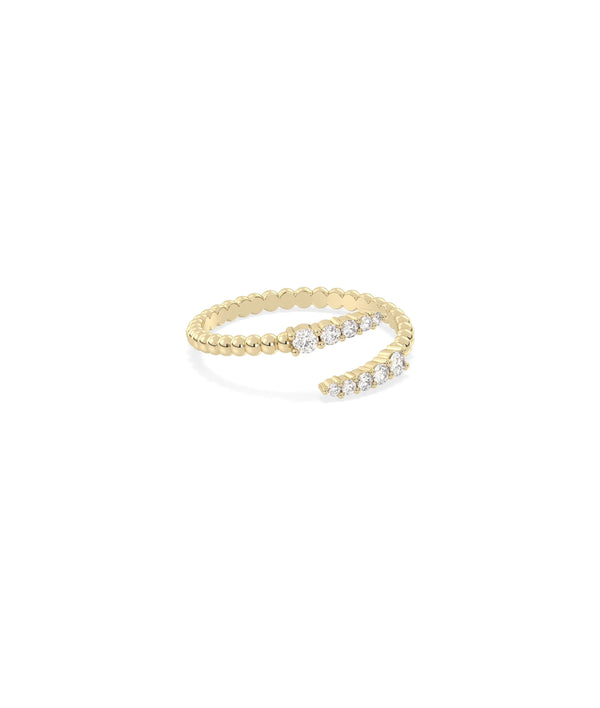 Side view of Beaded Gold and Diamond Bypass Ring showing 2mm width and bypass detail alternate view