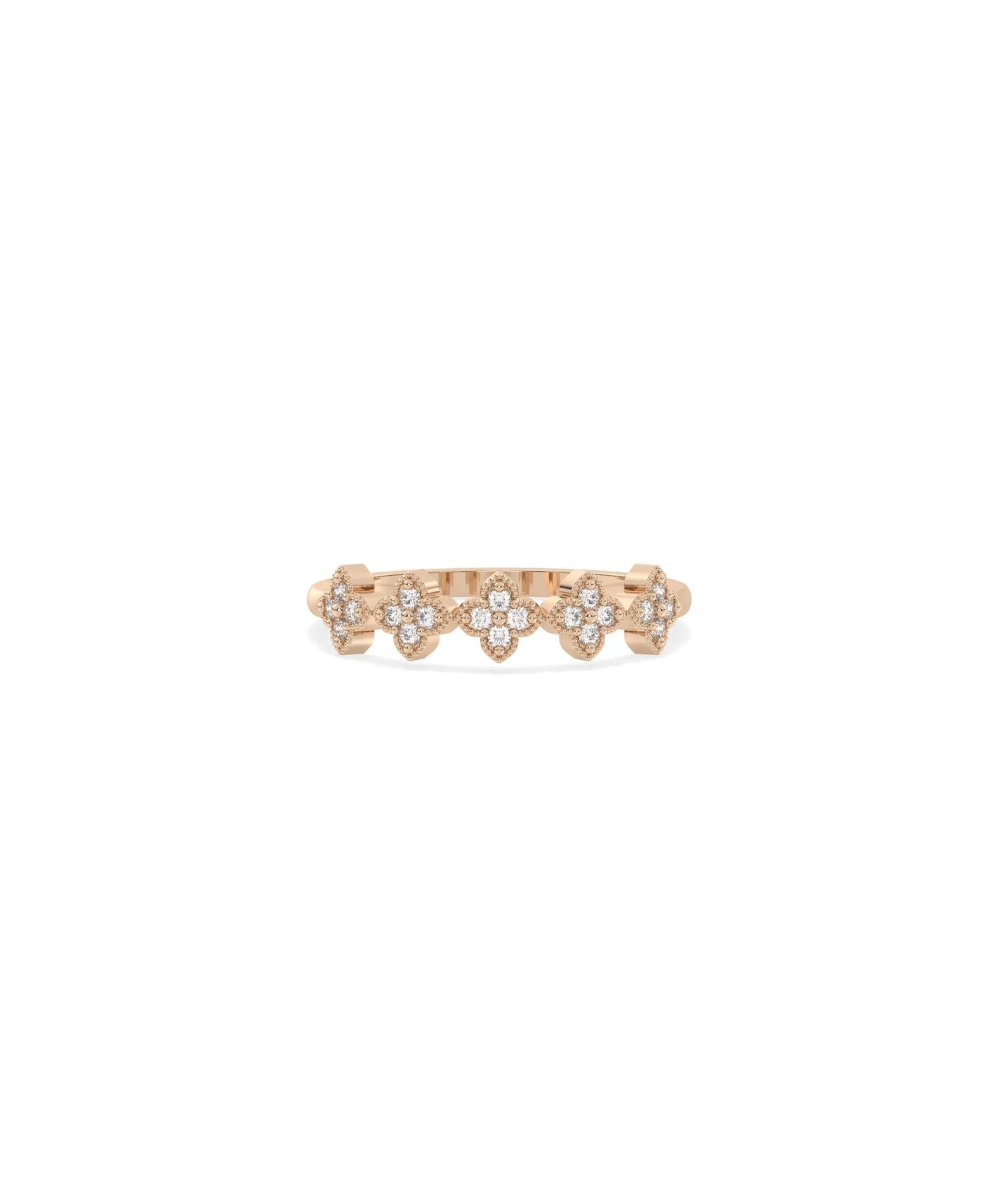 Rose gold clover ring featuring timeless four-leaf design with diamonds