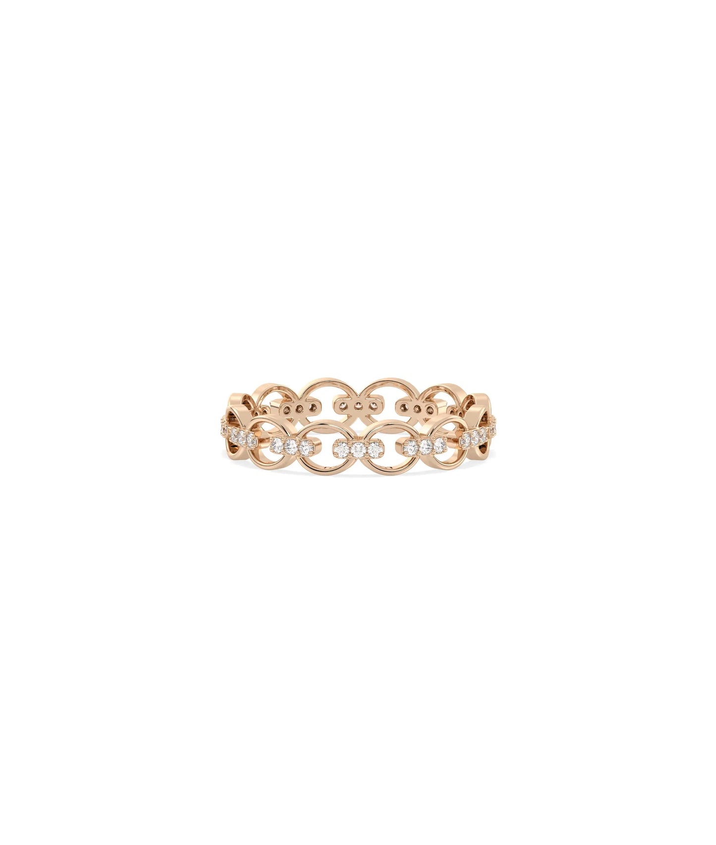 Rose gold eternity band ring featuring diamond circle link pattern design