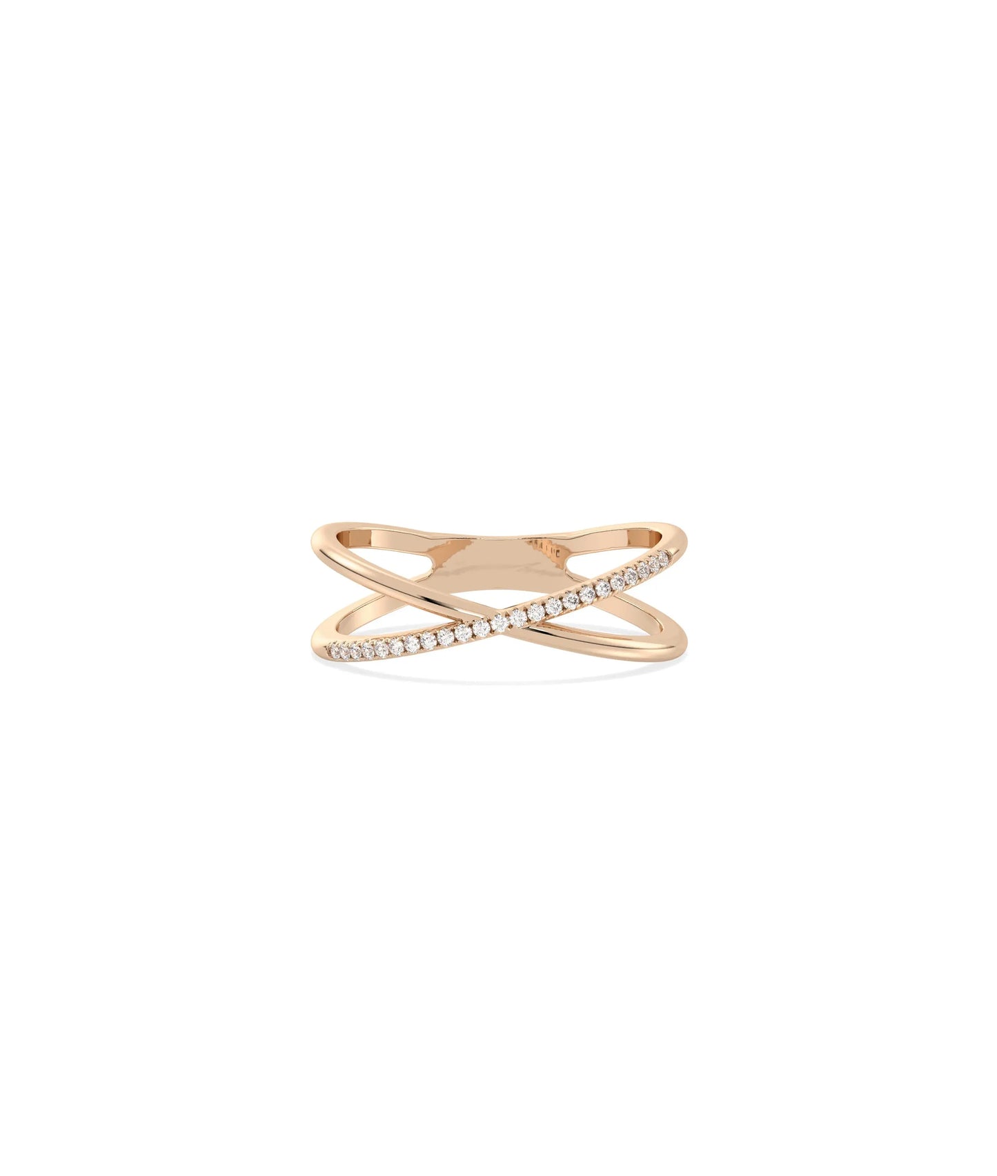 Rose gold criss cross ring featuring bold intersecting bands with diamonds