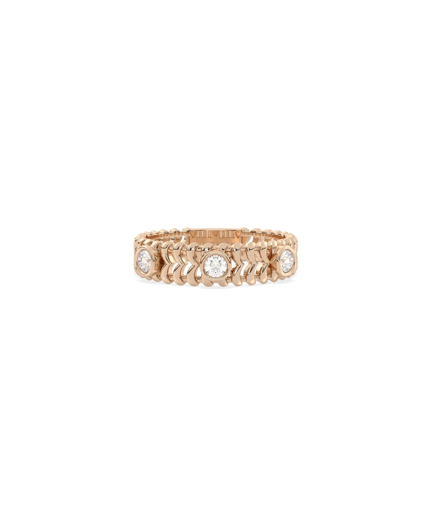 Rose gold chevron ring featuring bezel-set diamond stations and modern pattern