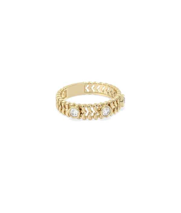 Chevron band ring side view displaying bezel stations and 4mm width geometric design alternate view